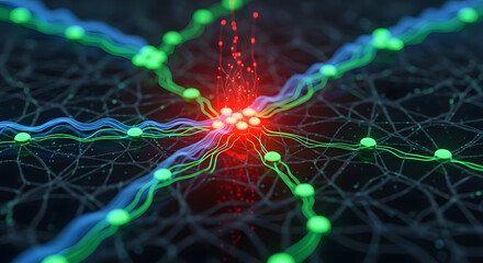 Central processing hub firing signals through a futuristic neural network