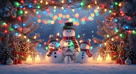 Snowmen family celebrating in snowy winter wonderland with colorful lights and candles creating festive and magical atmosphere.