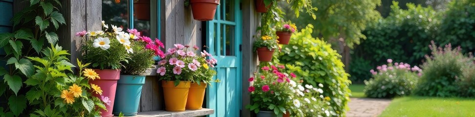 Vibrant flowers bursting from colorful planters adorn a charming rustic shed, creating a delightful cottage garden aesthetic  Perfect for gardening, home decor, and DIY projects ,  rural,  tranquil