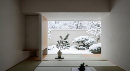 Minimalist room frames snowy zen garden view in winter, creating a serene and peaceful atmosphere with its clean lines and natural light.