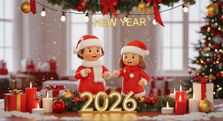 Festive figurines celebrate new year 2026 amidst christmas decorations and gifts in cozy living room, creating warm and joyful atmosphere.