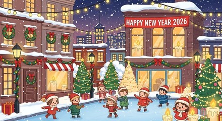 Children playing in snowy town square with christmas trees and lights celebrating new year 2026, creating festive and joyful atmosphere.