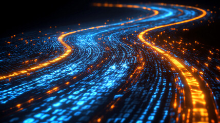 Gold, silver, and white binary code streams along a glowing digital road, symbolizing data transmission, connectivity, and futuristic technology in a dynamic abstract concept.