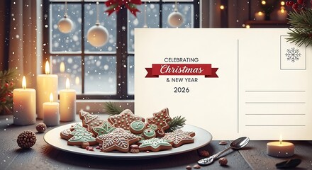 Christmas cookies sit on plate beside postcard in cozy room with candles and snowy window, creating warm and festive holiday mood.