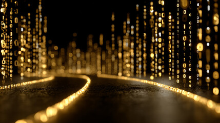 Gold, silver, and white binary code streams along a glowing digital road, symbolizing data transmission, connectivity, and futuristic technology in a dynamic abstract concept.