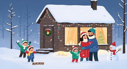 Family embraces in front of cozy cabin decorated with Christmas lights during a snowy winter night, creating a warm and joyful holiday scene.