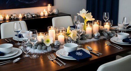 Elegantly decorated dining table presents a festive holiday scene with candles, flowers, and ornaments creating a warm and inviting atmosphere for a special occasion.