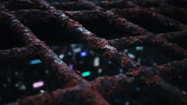 Close-up shot of rusted and weathered metal grate or drainage cover.