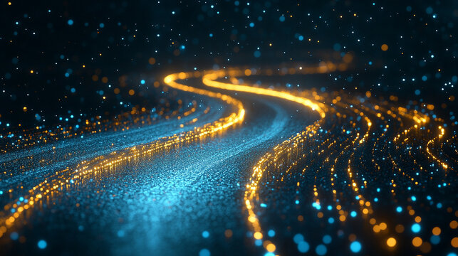 Gold, silver, and white binary code streams along a glowing digital road, symbolizing data transmission, connectivity, and futuristic technology in a dynamic abstract concept. - Powered by Adobe