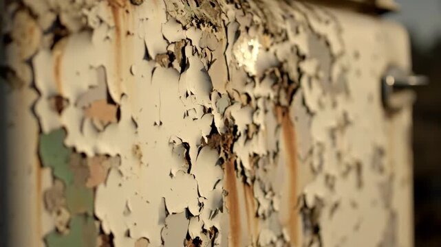 Close-up of peeling paint on weathered surface with rust texture