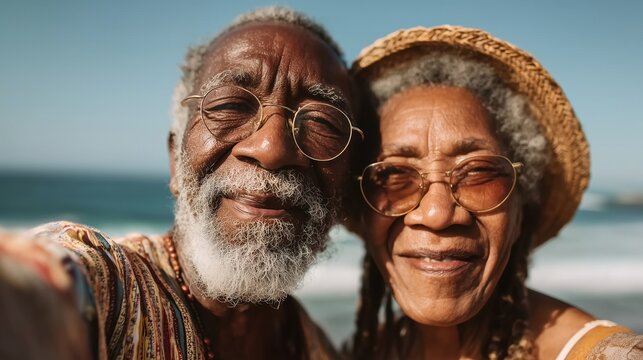 Elderly couple joyfully embracing the warmth of the beach, capturing a moment of pure happiness.