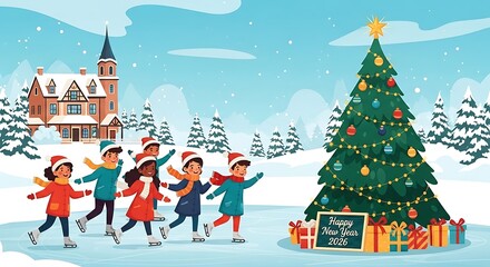 Children skating on frozen pond near christmas tree and snowcovered house during winter holiday season, creating joyful and festive atmosphere.