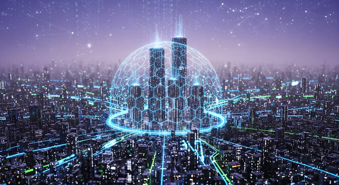 Futuristic Cityscape with Digital Shield Protecting Skyscrapers in a Networked World - Powered by Adobe