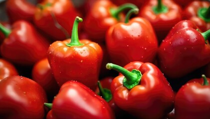 Vibrant red paprika peppers, freshly picked from the garden, glistening with dew drops Ready for cooking or preserving, these sweet peppers are bursting with flavor , red pepper, crunchy