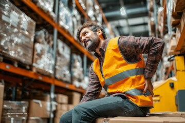 Warehouse Worker in Reflective Vest Experiencing Back Pain Amid Stacked Boxes and Shelves