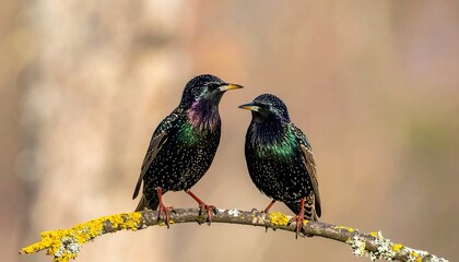 Two iridescent birds perched on a lichen-covered branch