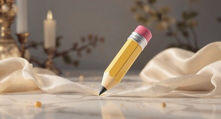 Realistic Yellow Pencil on a White Surface with Candle Light and Fabric