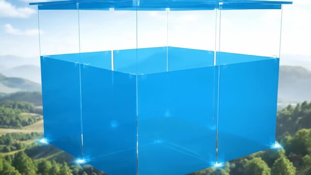 Blue Cube Suspended in Air Over Forest Landscape