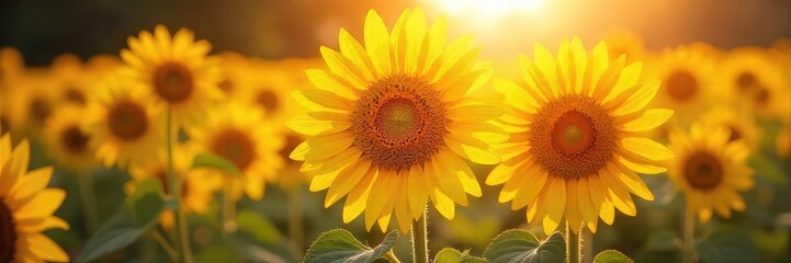 Obraz premium Vibrant sunflowers bathed in warm, golden sunshine, their faces turned towards the radiant light A picturesque display of summer's joyful energy , macro, sunlight