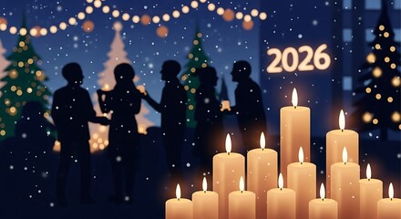 Silhouetted group gathers with candles in snowy city square to celebrate the new year 2026 with hope and anticipation.