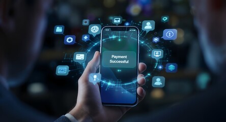 Successful Mobile Payment Confirmation with Glowing Icons
