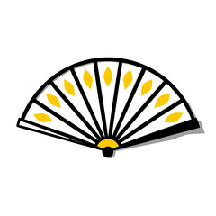 Decorative Chinese fan with yellow patterns and dynamic design  