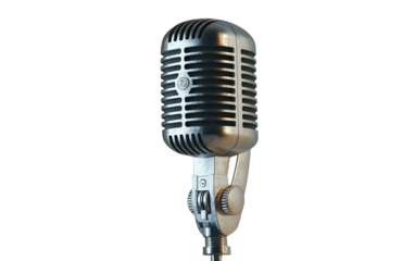 Shiny, silver vintage microphone stands against a stark black background