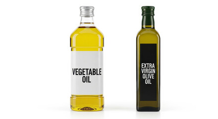Vegetable and olive oil bottles against white background.