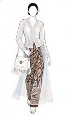 A hand-drawn and colored sketch of a modern fashion design, incorporating elements of Traditional Costume : Indonesian Batik Kebaya 002