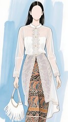 A hand-drawn and colored sketch of a modern fashion design, incorporating elements of Traditional Costume : Indonesian Batik Kebaya 004