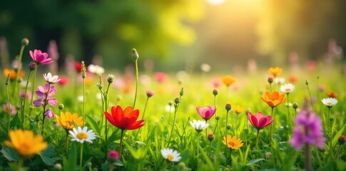 Naklejka premium Vibrant wildflowers in full bloom across a lush green meadow bathed in the warm sunlight of springtime Perfect for spring themes, nature, and seasonal imagery , sunshine, meadow