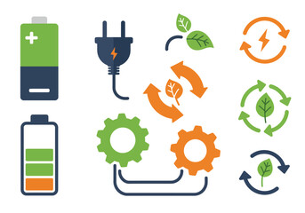 Sustainable Energy Icons Battery, Plug, Gears, and Recycling Symbols
