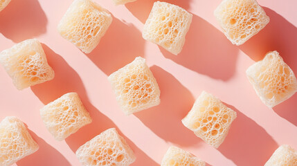 Close-up of natural shower loofah sponges on a bright, minimal background, highlighting texture, simplicity, and organic bath essentials for clean, calming spa visuals.