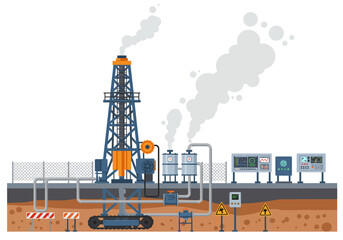 Industrial Oil Extraction Site with Rig and Monitoring Stations Illustration