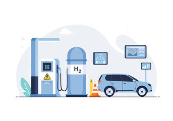 Hydrogen Fueling Station Illustration with Blue Car and Modern Design