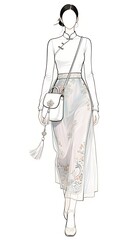 A hand-drawn and colored sketch of a modern fashion design, incorporating elements of Traditional Costume : Chinese Qipao 001