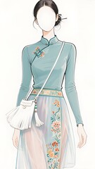 A hand-drawn and colored sketch of a modern fashion design, incorporating elements of Traditional Costume : Chinese Qipao 002