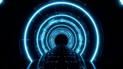 Futuristic glowing tunnel with vibrant blue lights and dark background - Powered by Adobe