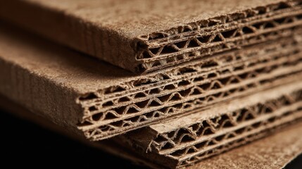 Close-up of three layered cardboard sheets, showing corrugated texture and slightly rough edges, against a dark background