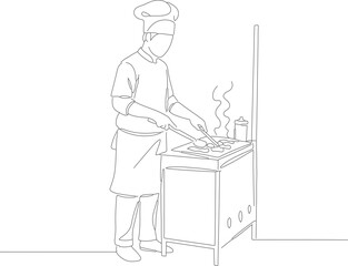 Line Art Skillful Chef Preparing Food on Stove Illustration