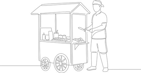 Line Art Illustration Man Selling Food on Cart Street Vendor