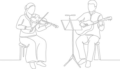 Simple Line Drawing Musician Playing Violin and Guitar Concert Illustration