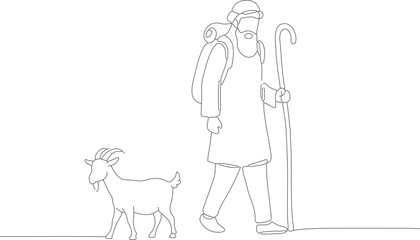 Minimalist Outline Illustration Shepherd Walking with Goat Simple Farm Animal