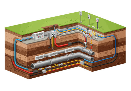 Underground Utilities Network Infrastructure Cross Section Illustration