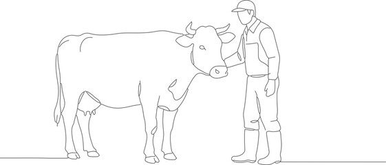 Minimalist Outline Illustration of a Farmer Stroking a Cow on Farm