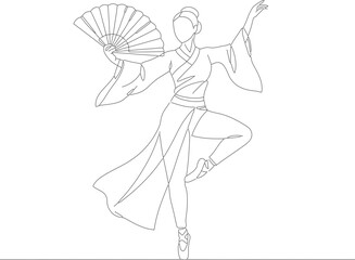 Minimalist Line Art Chinese Dancer Figure with Fan Illustration
