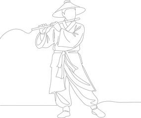 Minimalist Line Art Oriental Flute Player Silhouette Isolated Illustration