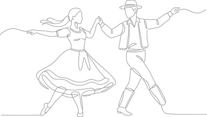 Minimalist Line Art Couple Folk Dancing Traditional Clothes Illustration