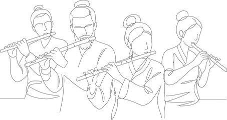 Minimalist Line Art Woman Playing Traditional Korean Flute Illustration