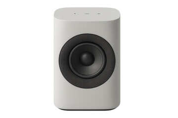 Fototapeta premium Minimalist white smart speaker playing music, creating sound, and delivering audio entertainment